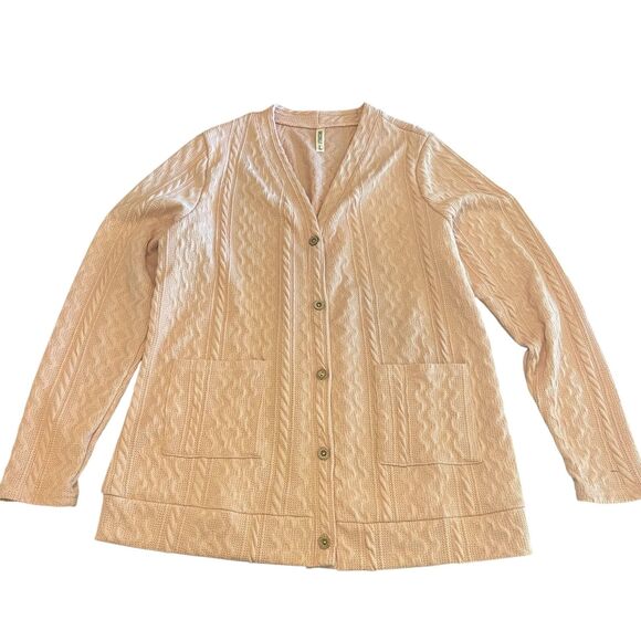 Womens Pink Cable Knit Cardigan Sweater Sz L Cottagecore Grandmacore Soft Girl - Picture 1 of 10